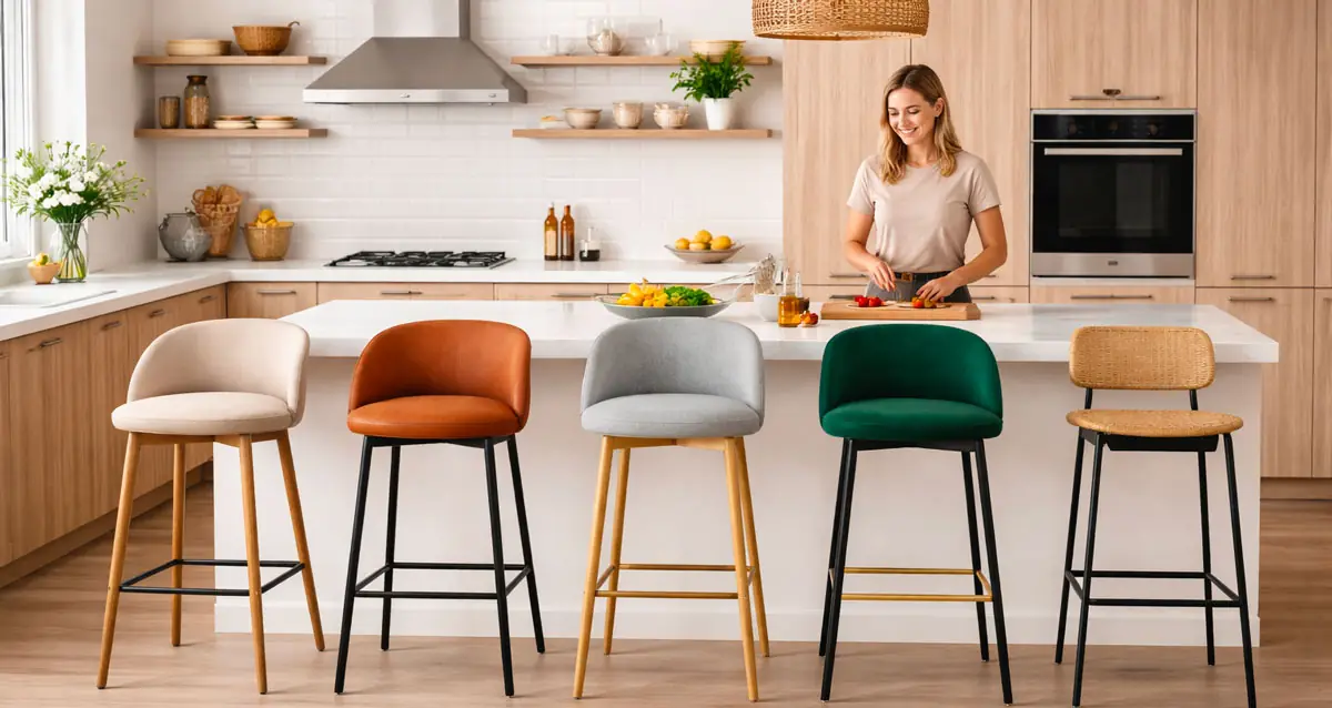 Cuisine moderne avec îlot central, cinq chaises hautes design et une personne en train de cuisiner