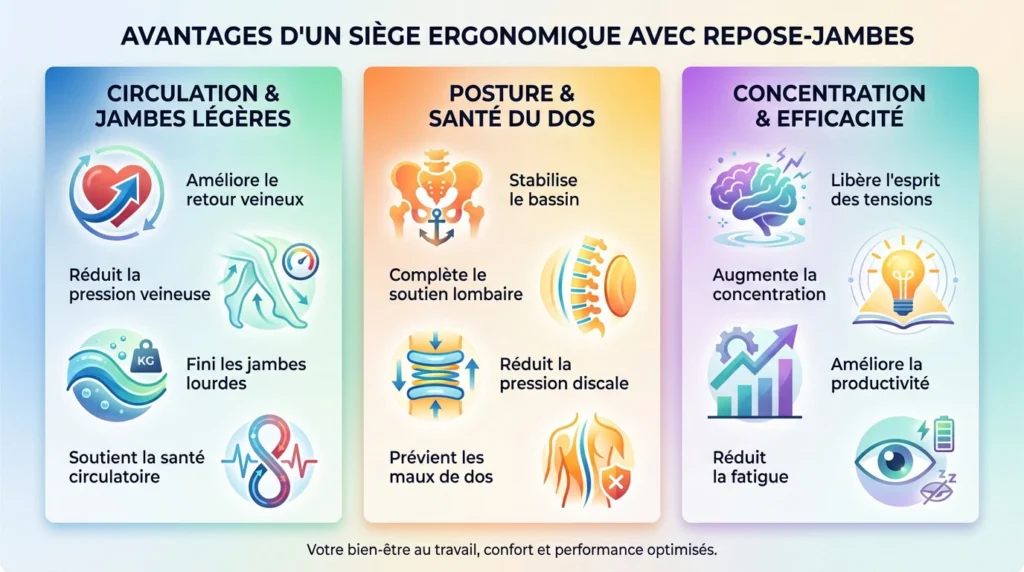 Schéma illustrant les bienfaits d'une chaise ergonomique avec repose-pieds sur la circulation et le dos