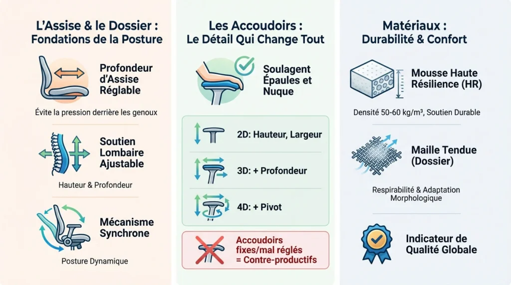 Schéma détaillant les composants et réglages essentiels d'une chaise ergonomique : assise, dossier, accoudoirs et mécanisme synchrone