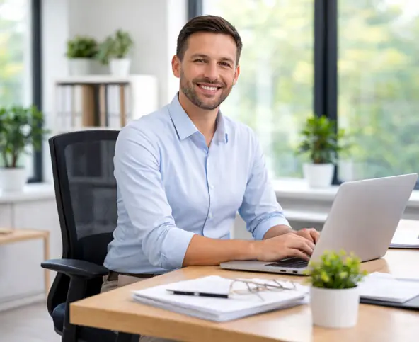 Chaise de bureau, un homme assis derrière son bureau