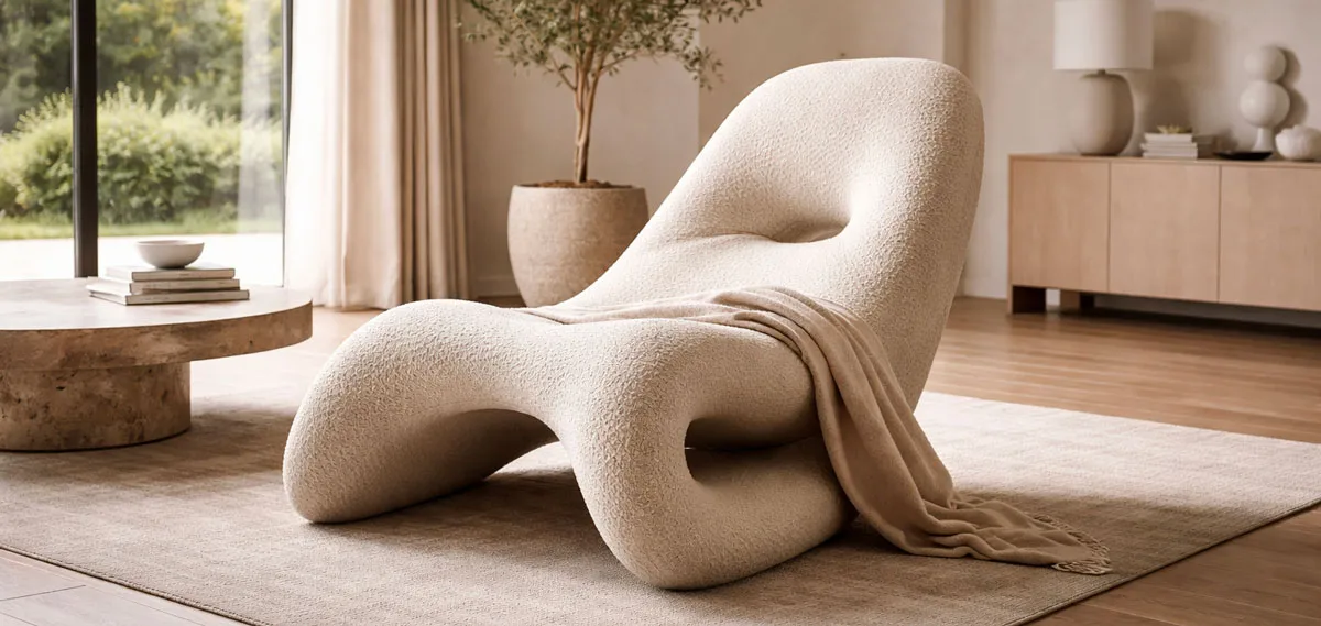 Chaise design contemporaine aux formes organiques dans une maison moderne et lumineuse