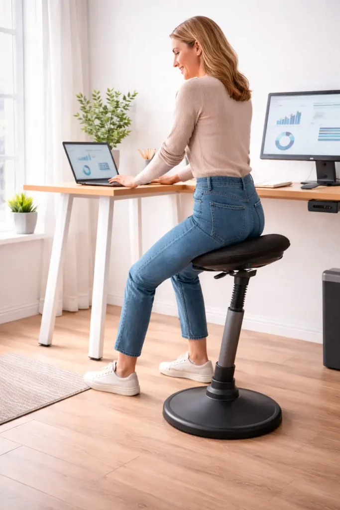chaise ergonomique assis debout utilisée par une femme dans un bureau moderne