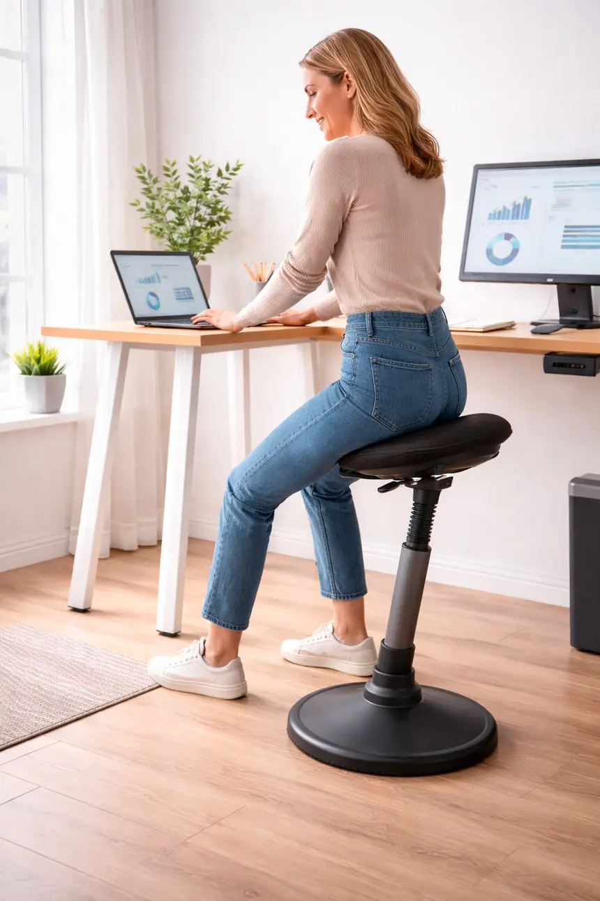 chaise ergonomique assis debout utilisée par une femme dans un bureau moderne : Univers chaise.fr