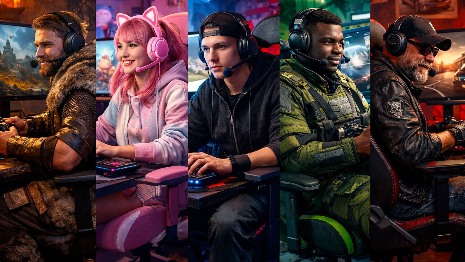 Cinq chaises gaming alignées avec des joueurs incarnant différents personnages, en train de jouer à des jeux vidéo dans une ambiance immersive