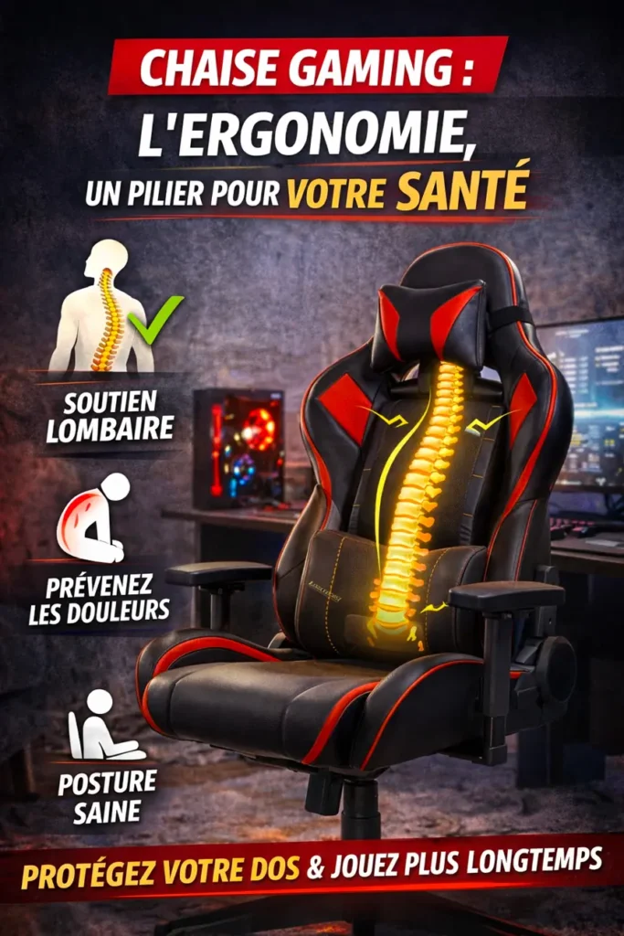 Chaise gaming ergonomique noire et rouge avec soutien lombaire, idéale pour une posture saine et la protection du dos