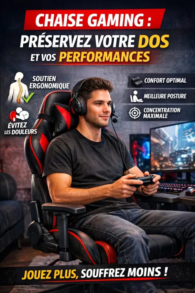 Chaise gaming ergonomique noire et rouge avec gamer jouant sur PC, idéale pour le confort du dos et la performance