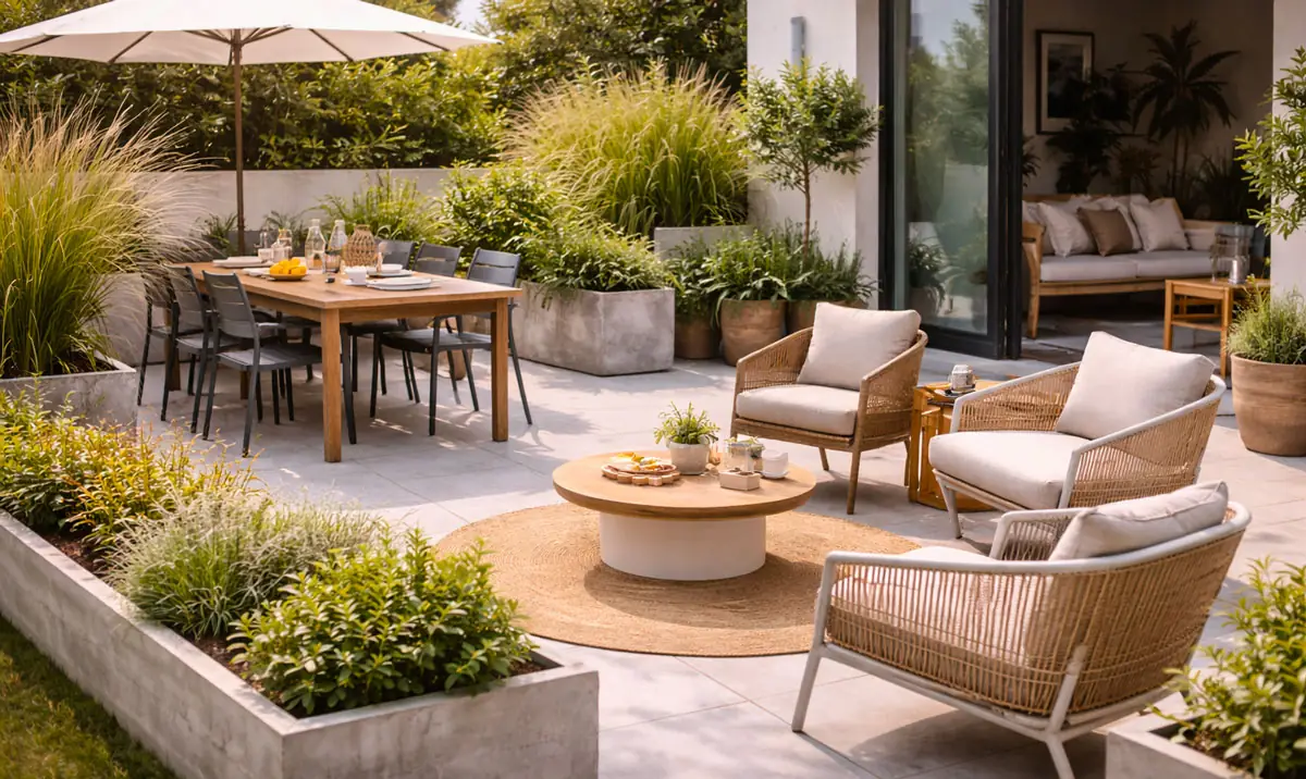 Chaise de jardin design en résine tressée sur terrasse moderne avec mobilier d’extérieur
