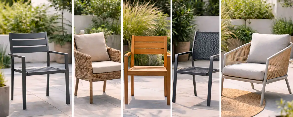 Chaise jardin : différents modèles de chaises de jardin disposés sur une terrasse moderne