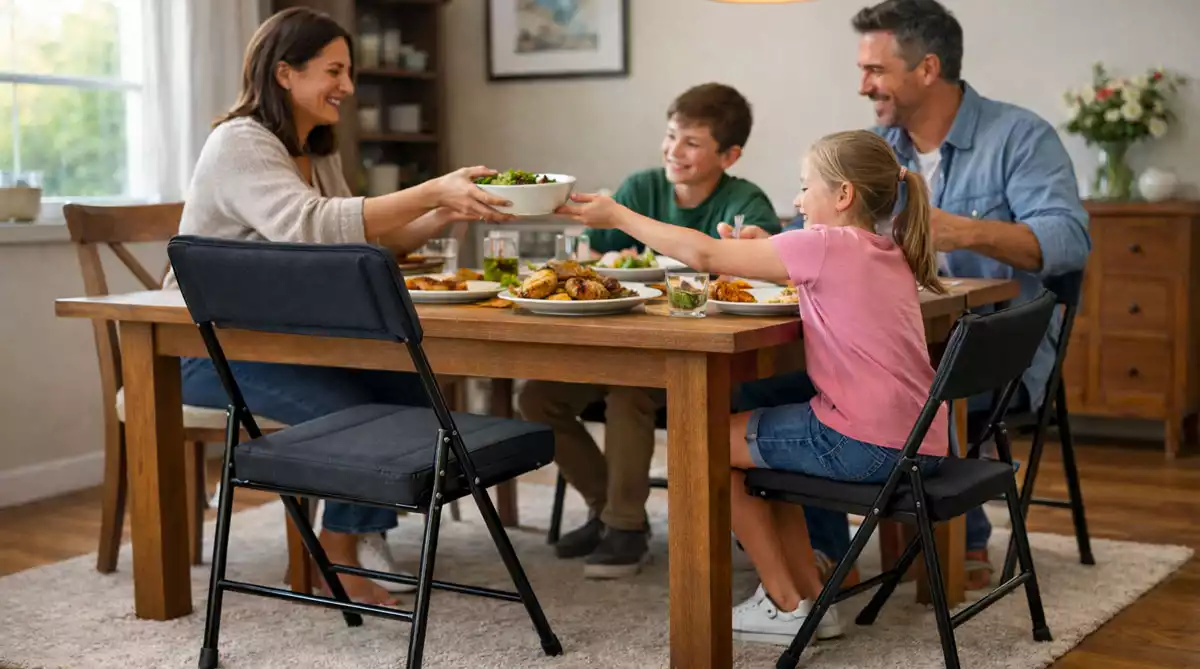 Chaise pliante installée dans une salle à manger, utilisée par une famille partageant un repas convivial