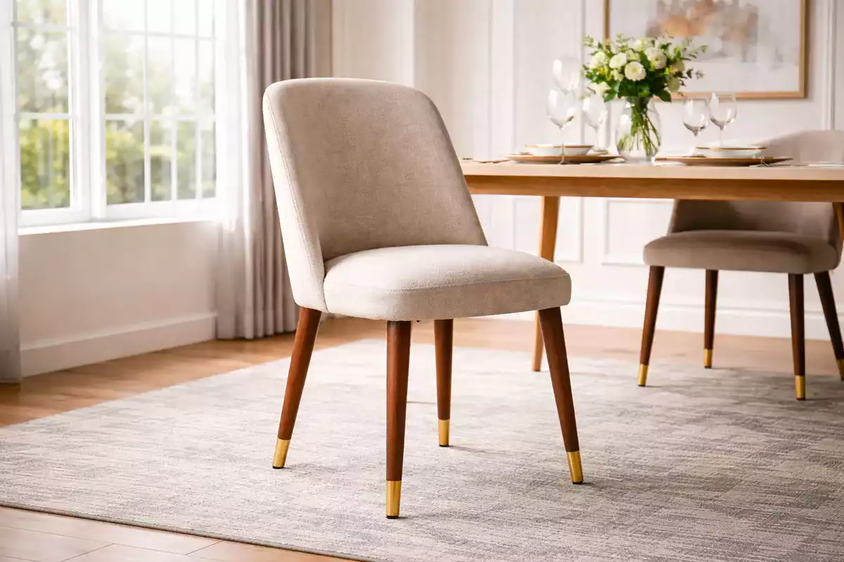 Chaise de salle à manger design en tissu beige avec pieds en bois, style moderne et élégant
