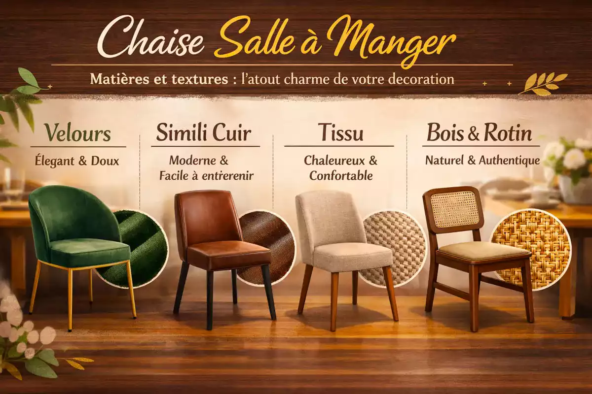 Chaise de salle à manger : matières et textures comme le velours, le simili cuir, le tissu et le bois pour sublimer la décoration intérieure