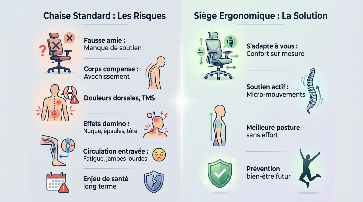 Schéma comparatif des risques d'une chaise standard face aux solutions d'un siège ergonomique