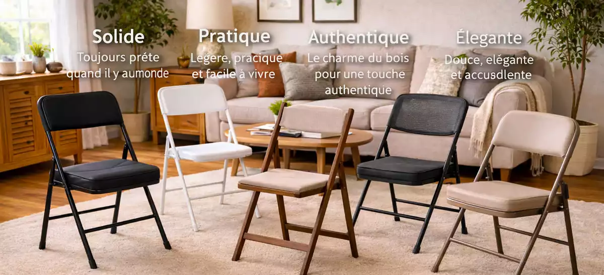 Cinq chaises pliantes différentes disposées dans un salon, chacune avec un message mettant en avant son style et son usage
