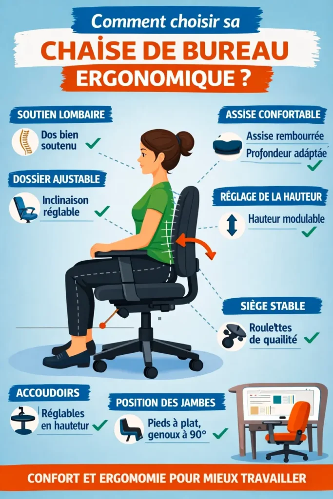 Infographie expliquant comment choisir une chaise de bureau ergonomique avec soutien lombaire, dossier et hauteur réglables, assise confortable, accoudoirs et bonne posture