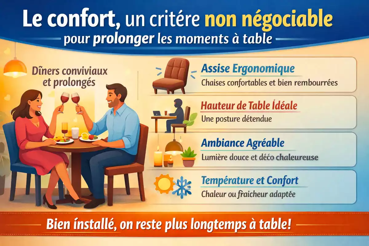 Infographie sur l’importance du confort à table pour prolonger les moments conviviaux, avec assises ergonomiques, ambiance chaleureuse et hauteur de table idéale
