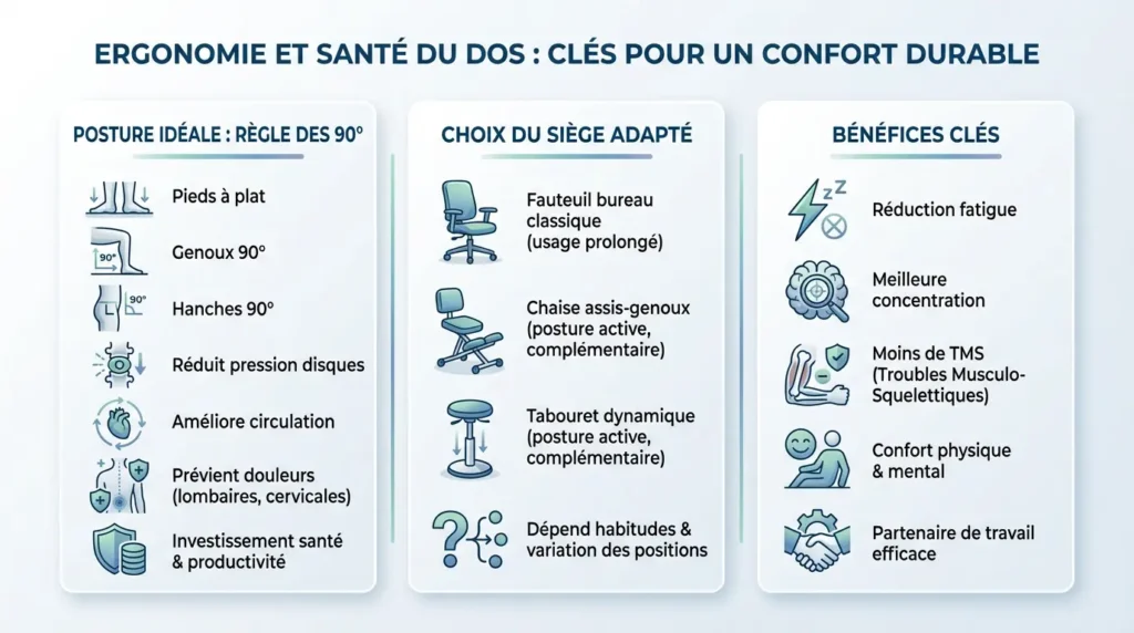 Schéma illustrant la posture ergonomique idéale sur une chaise de bureau pour préserver le dos