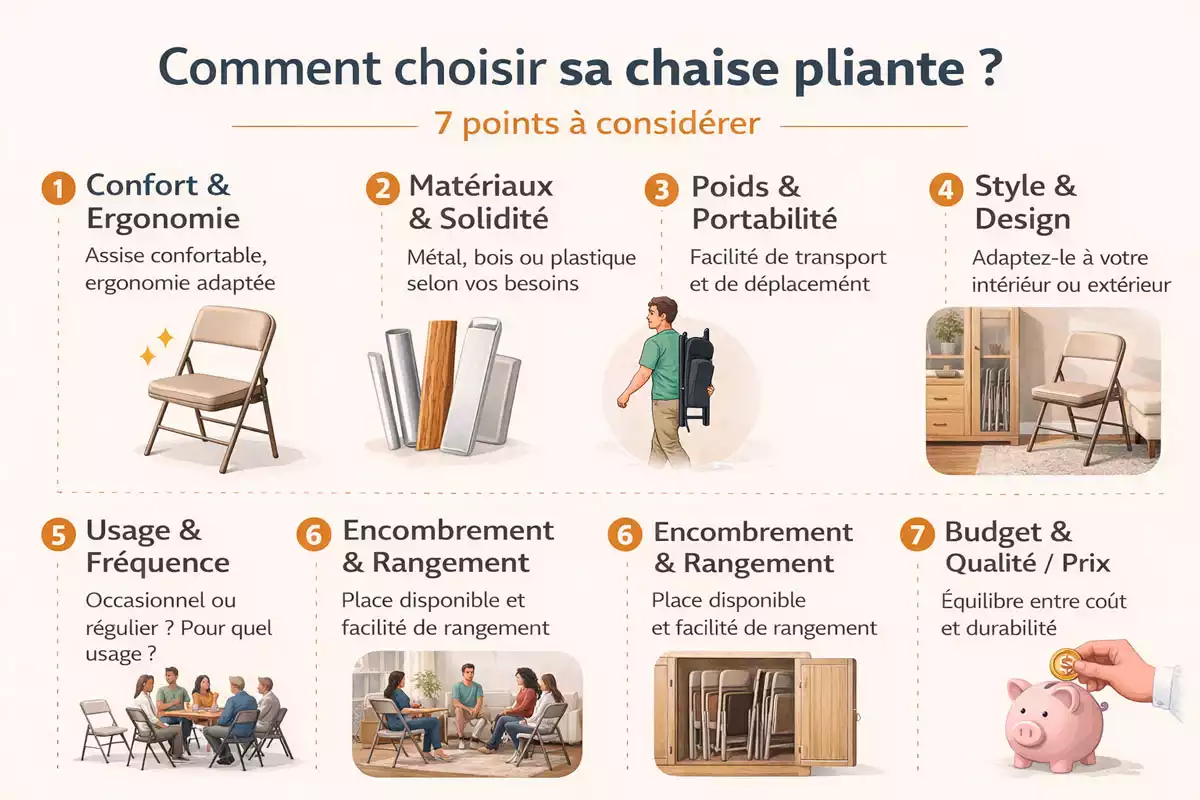 Infographie expliquant comment choisir une chaise pliante selon le confort, les matériaux, le poids, le style et le budget