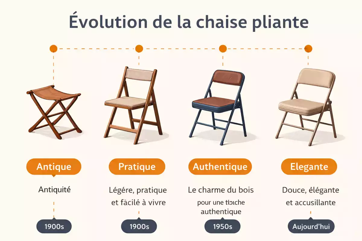 Infographie montrant l’évolution de la chaise pliante à travers le temps, de l’antique au modèle moderne élégant