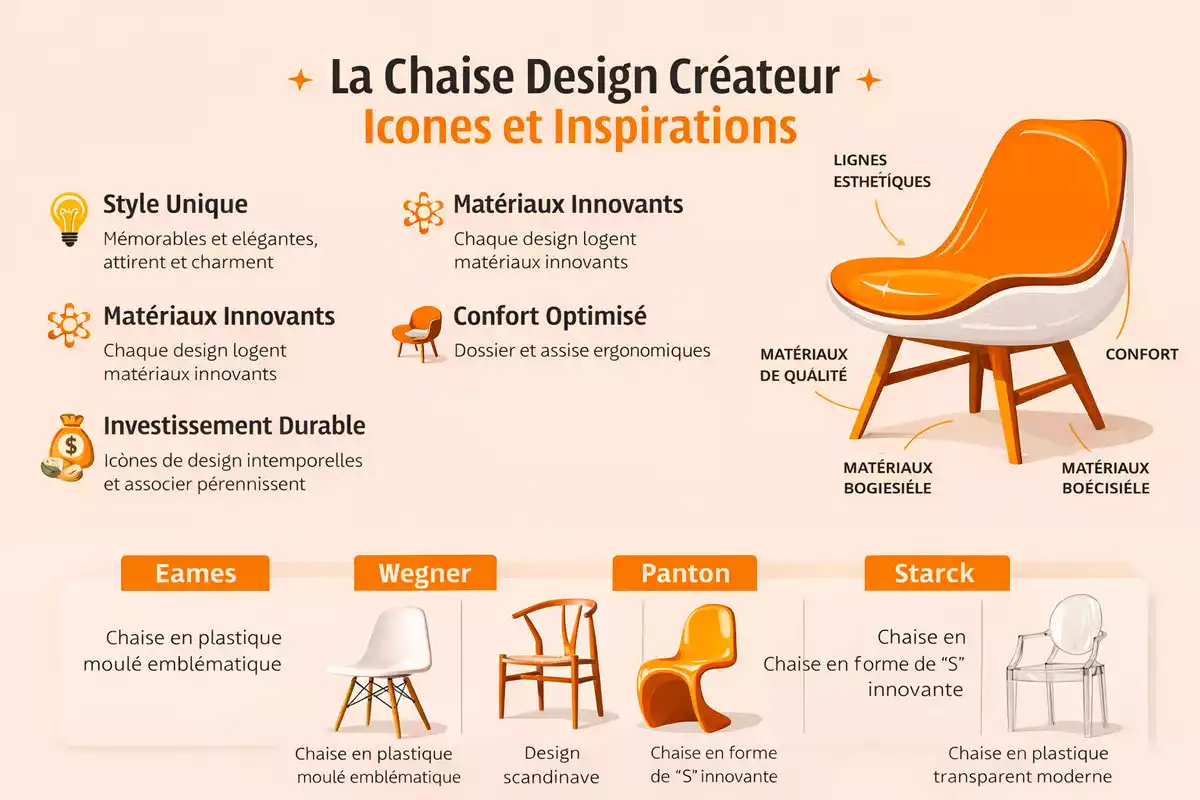 Infographie horizontale présentant la chaise design de créateur, ses caractéristiques clés et des modèles iconiques signés Eames, Wegner, Panton et Starck
