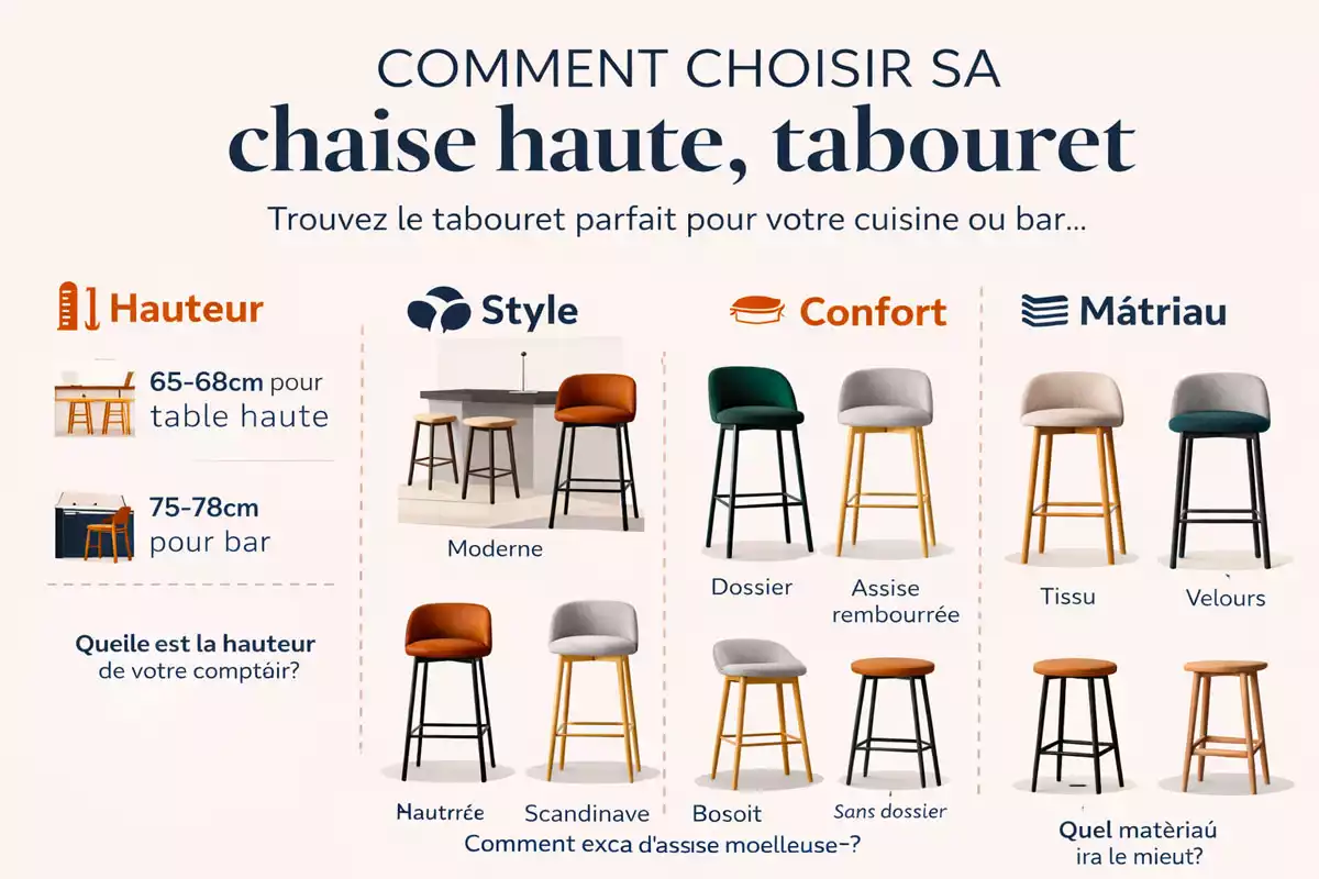 Infographie expliquant comment choisir une chaise haute ou un tabouret selon la hauteur, le style, le confort et le matériau