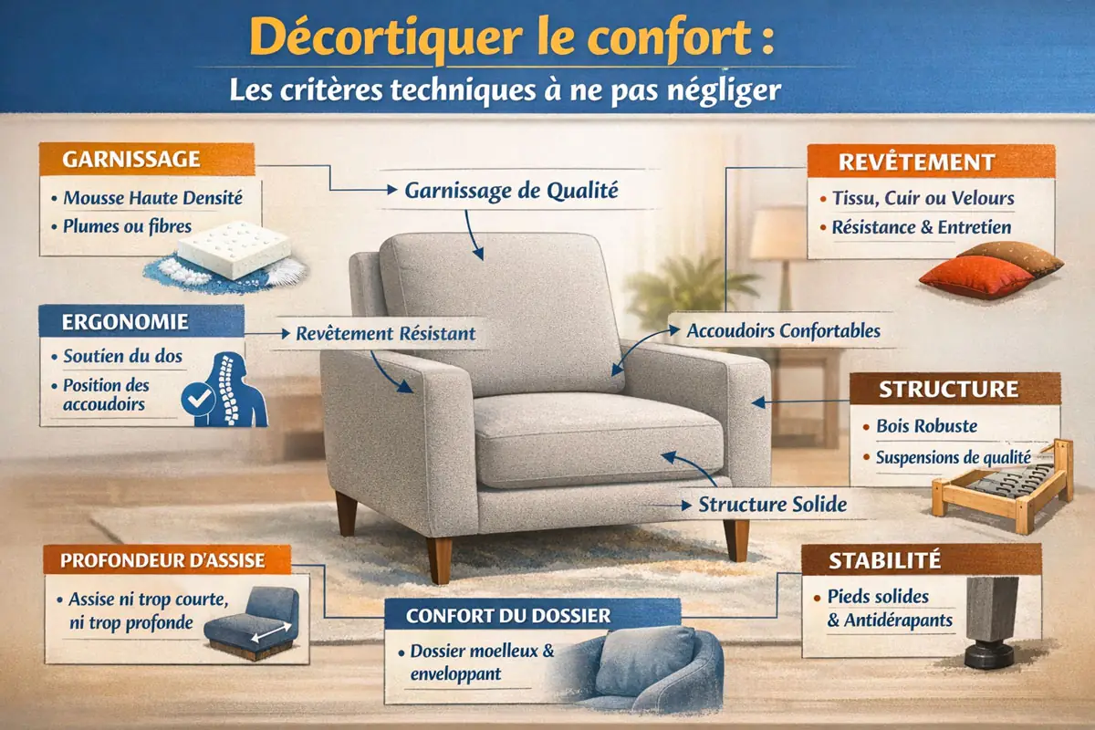 Infographie expliquant les critères techniques du confort d’un fauteuil : ergonomie, garnissage, revêtement, profondeur d’assise, structure et stabilité.
