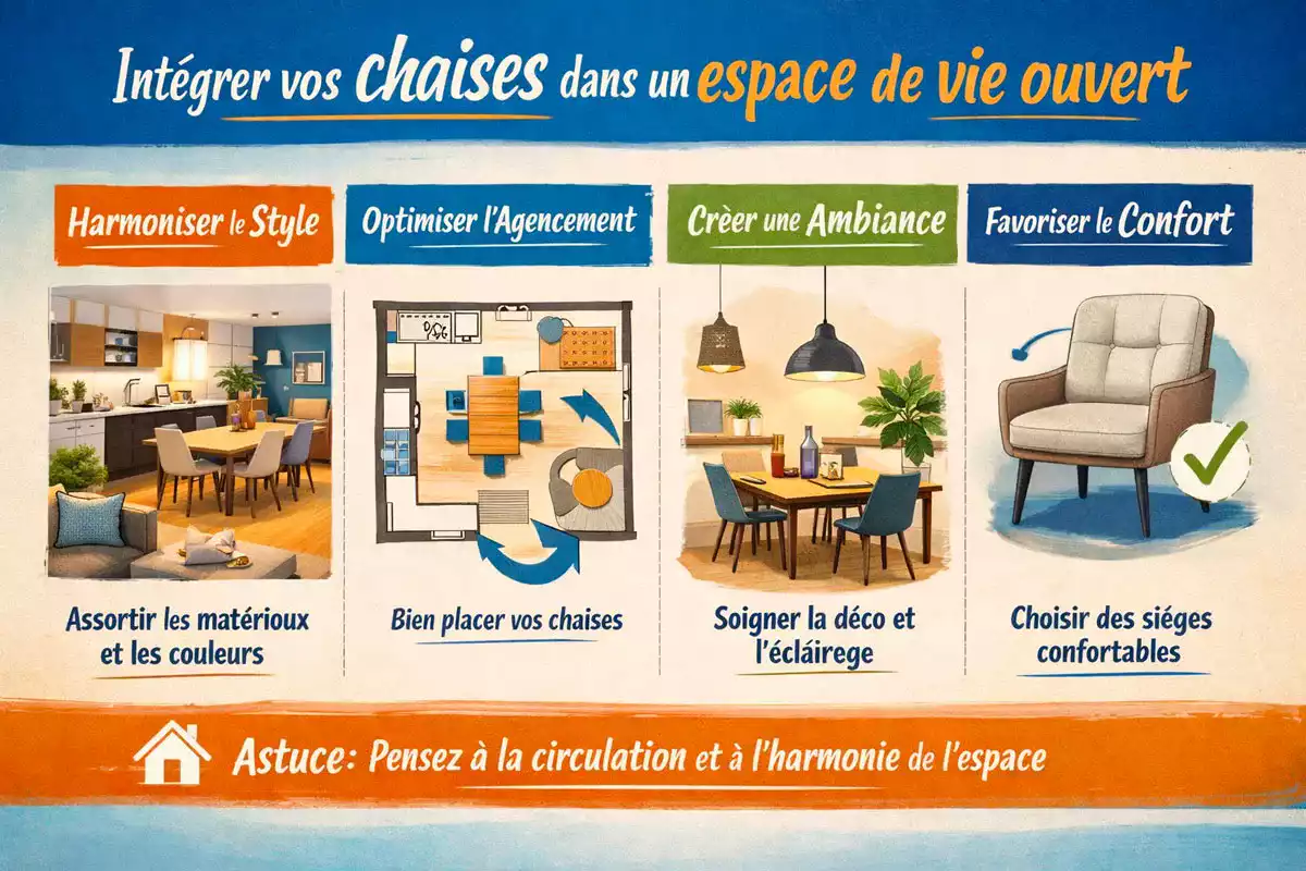 Infographie montrant comment intégrer des chaises dans un espace de vie ouvert avec conseils d’agencement, de style et de confort