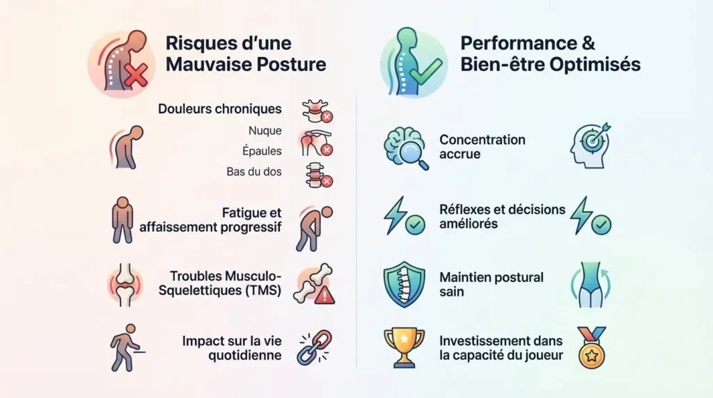 Schéma comparatif des risques d'une mauvaise posture face aux bénéfices d'une chaise gaming ergonomique