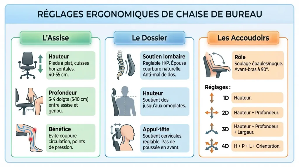 Schéma détaillant les réglages ergonomiques d'une chaise de bureau : hauteur d'assise, dossier et accoudoirs