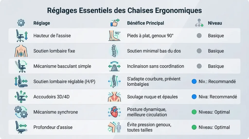 Schéma des réglages essentiels d'une chaise ergonomique pour une posture idéale