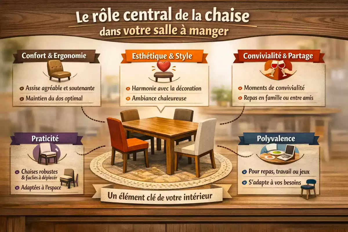 Infographie horizontale expliquant le rôle central de la chaise dans la salle à manger : confort, esthétique, convivialité, praticité et polyvalence.