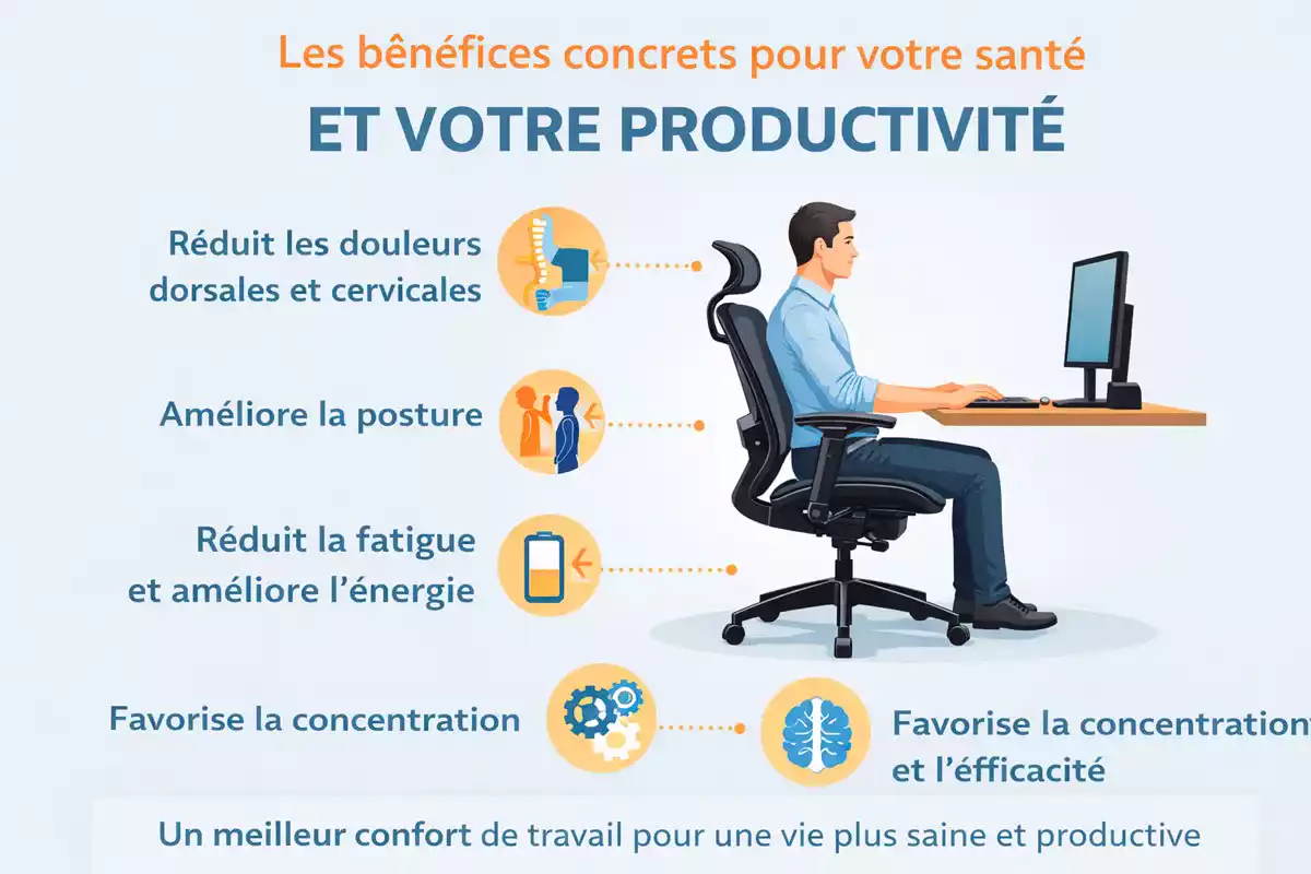 Infographie montrant les bénéfices d’un siège ergonomique sur la santé et la productivité avec amélioration de la posture, réduction des douleurs et meilleure concentration
