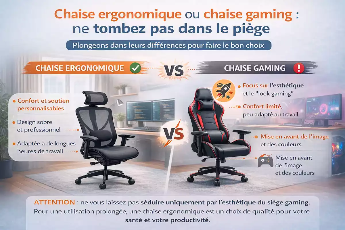 Infographie comparant une chaise ergonomique et une chaise gaming, mettant en évidence les différences de confort, de soutien et d’adaptation au travail de bureau