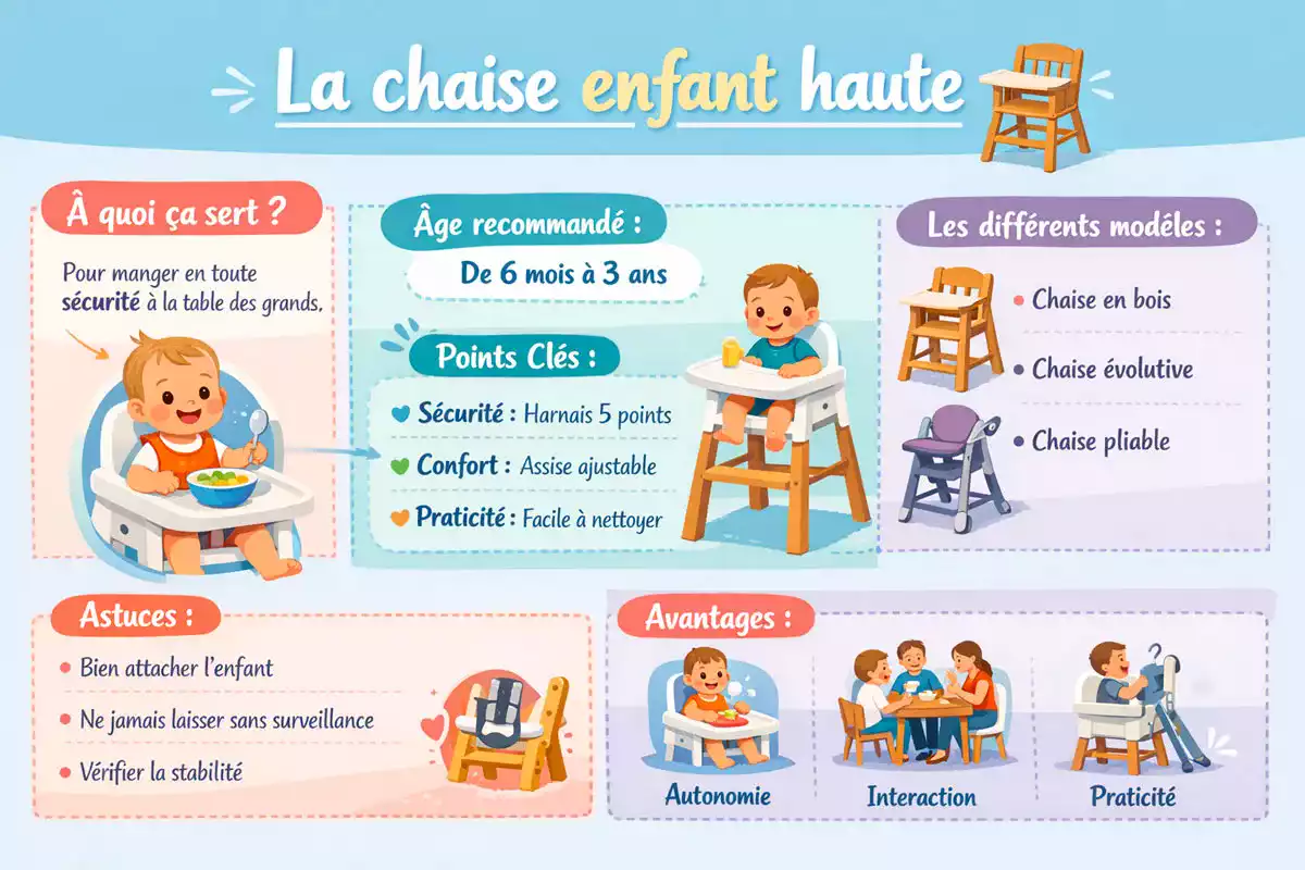 Infographie expliquant la chaise enfant haute : âge recommandé, sécurité, confort, modèles et avantages pour les repas de bébé.