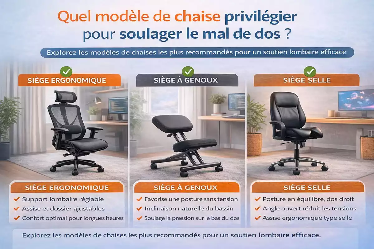 Infographie présentant les modèles de chaises recommandés pour soulager le mal de dos, incluant siège ergonomique, siège à genoux et siège selle avec soutien lombaire
