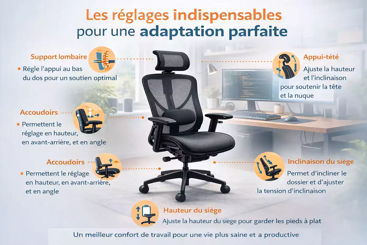 Infographie détaillant les réglages indispensables d’un siège ergonomique pour une adaptation parfaite, incluant support lombaire, appui-tête, accoudoirs, hauteur et inclinaison du siège