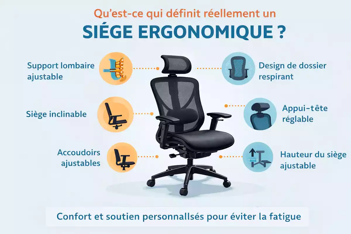 Infographie expliquant ce qui définit un siège ergonomique avec support lombaire, accoudoirs réglables, dossier respirant et réglages du siège